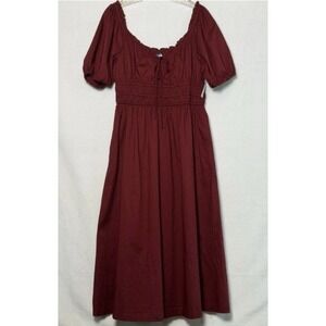 Old Navy Smocked Waist Puff Sleeve Midi Dress Women's M Peasant Burgundy NWT